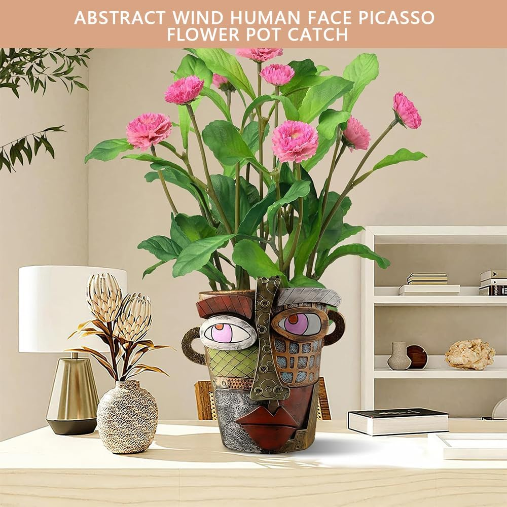HYAVIA Handmade Abstract Picasso Face Planter &ndash; Brutalist Resin Head Flower Pot, Colorful Art Planter for Indoor and Outdoor Plants, Unique Room Decor (Retro Style) image number 1