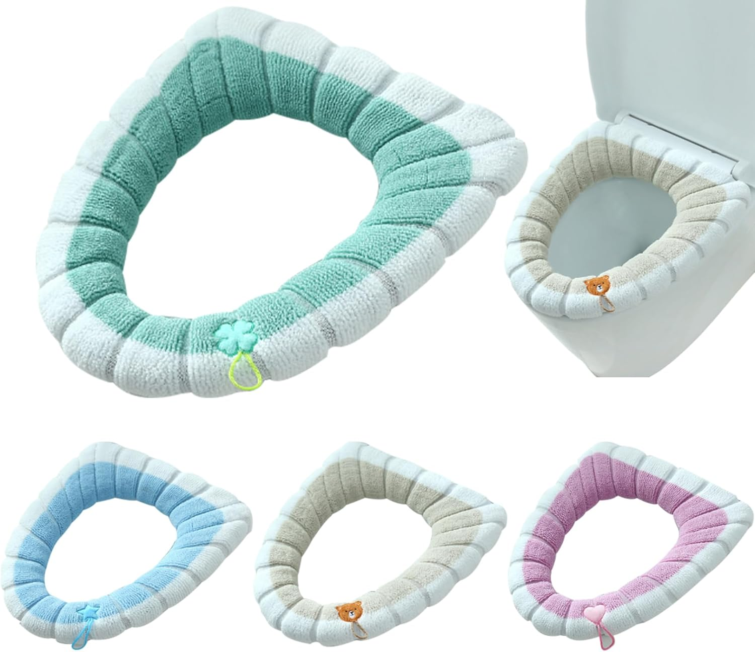 Toilet Seat Covers Toilet Lid Cover 4PCS Soft Toilet Seat Warmer Cushion with Handle Winter Thick Stretchable Washable Bathroom Toilet Seat Cushion Fits All Oval Toilet Seats Type 2 image number 3