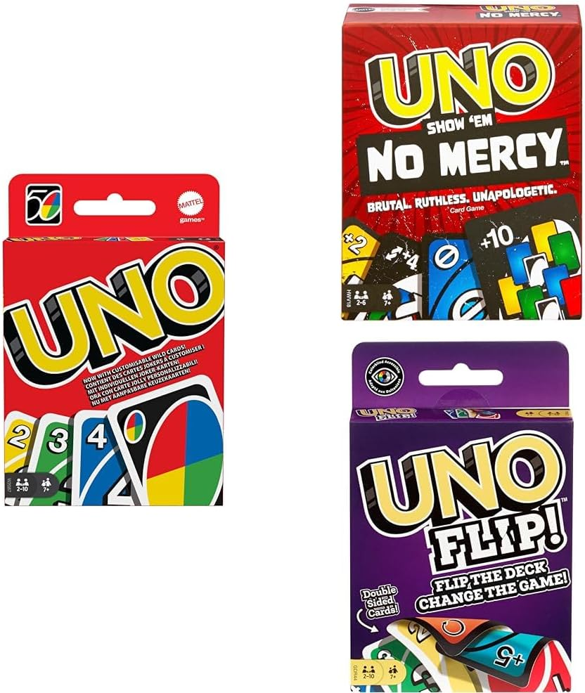 Mattel Uno Original, Uno Show'Em No Mercy and Uno Flip, Combo Pack of 3