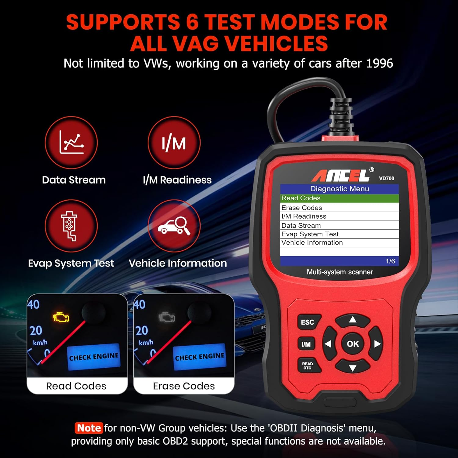 ANCEL VD700 Full Systems OBD2 Scanner Diagnostic Tool for VW Audi Skoda Seat, ABS Transmission SRS System Faults Diagnosis for VAG Vehicles with Battery Registration, DPF Oil EPB TPMS Reset