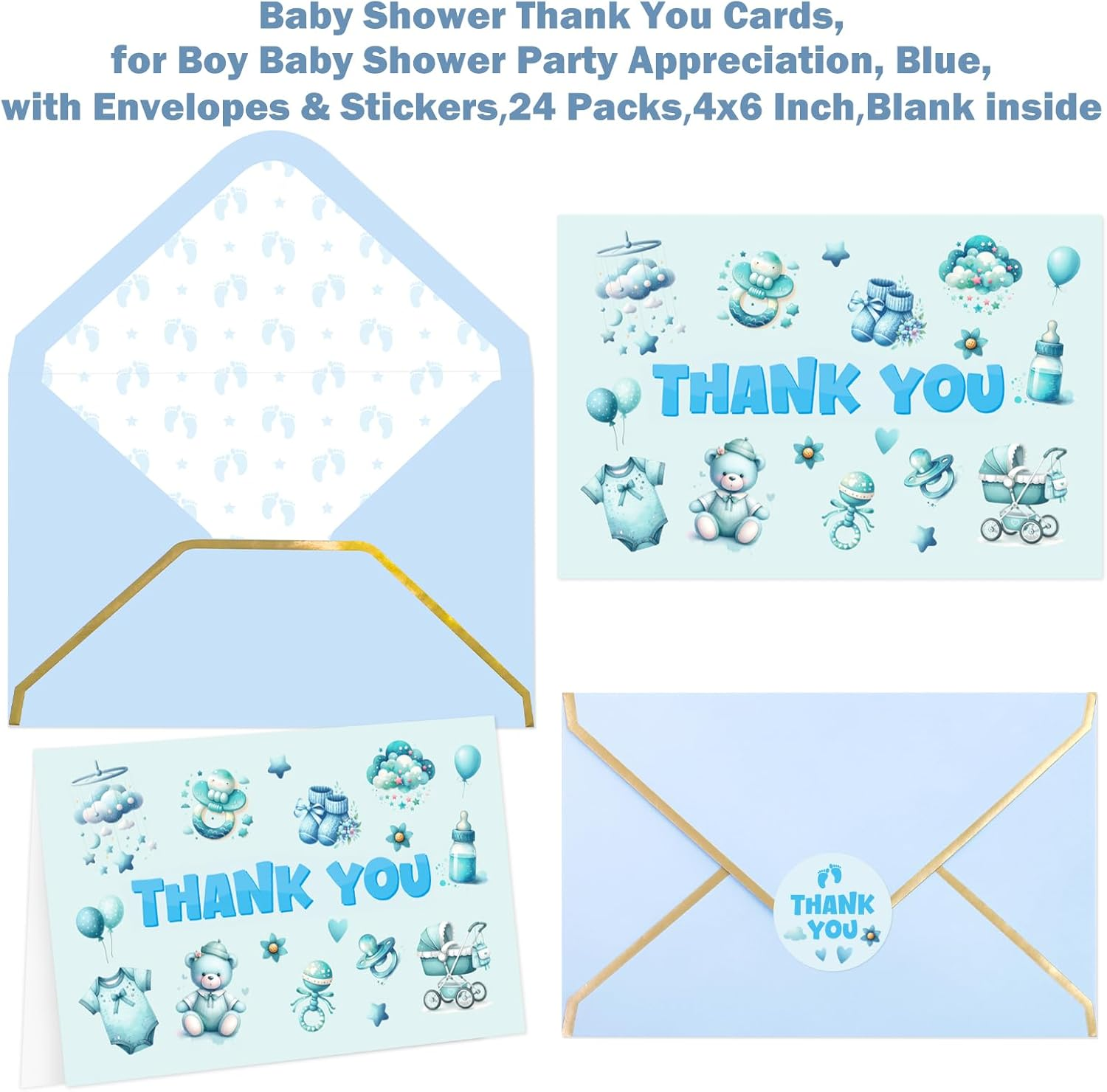 Ceiba Tree Baby Shower Thank You Cards for Boy Baby Shower Party Appreciation Blue with Stickers 24 Packs 4X6 Inch Blank Inside image number 4