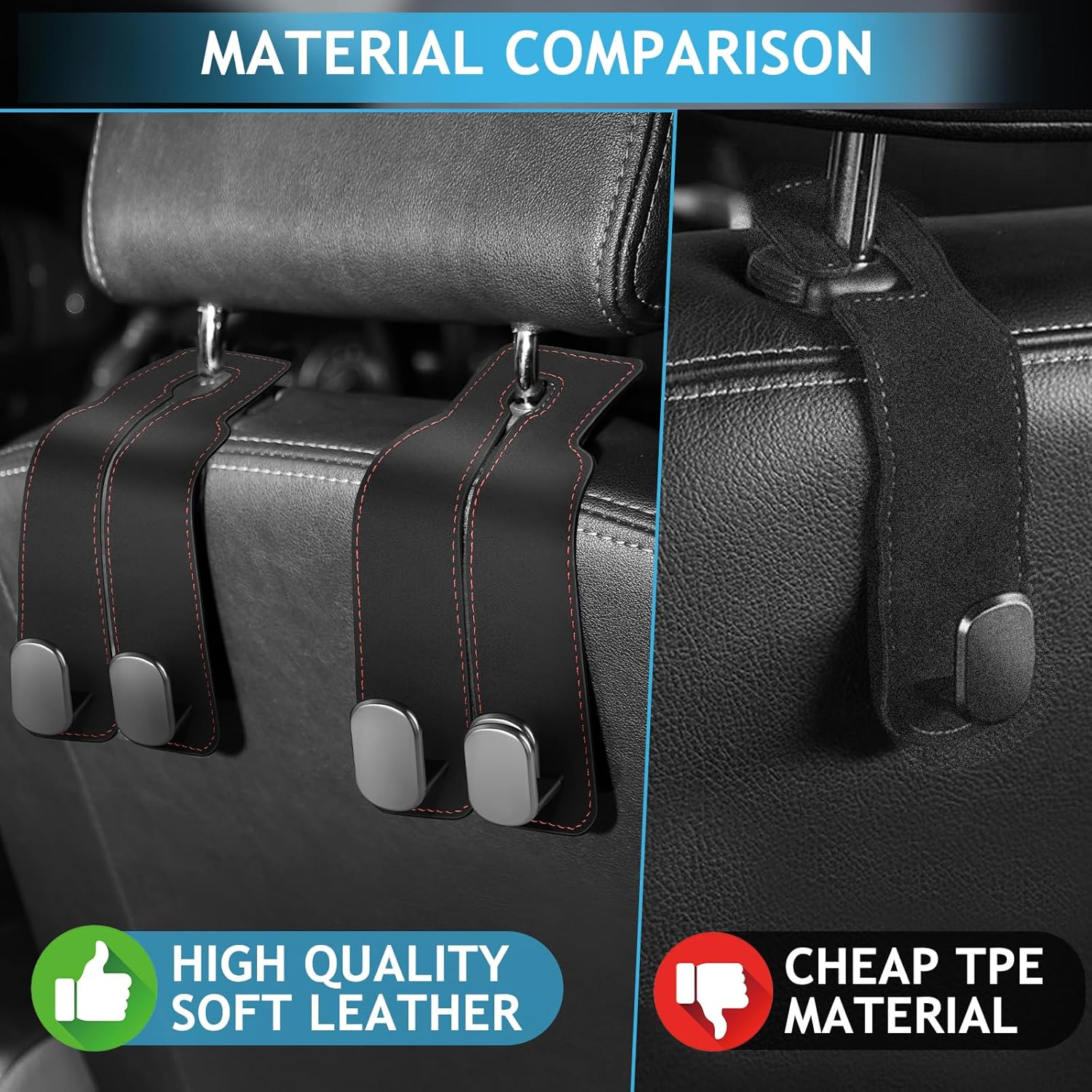 Accevo Car Seat Hooks for Headrest, Headrest Hook for Purses and Bags, 2 in 1 Car Seat Back Storage Hooks for Headrest（2 Pack, Black