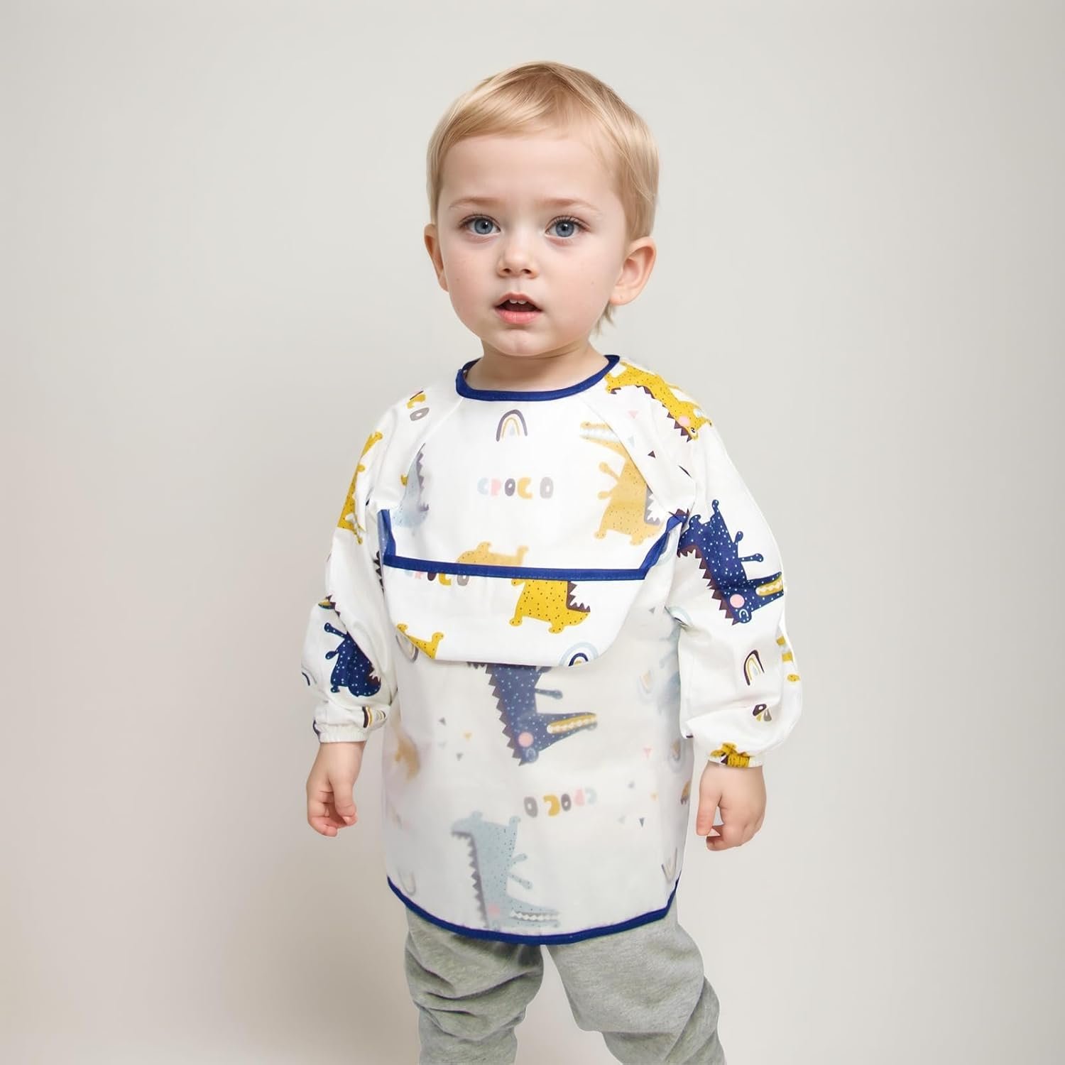 3 Pcs Long Sleeve Baby Bibs Set, Baby Smock Bib Infant Feeding Bibs with Food Catcher Pocket Waterproof, Wipe Clean Fit Toddler 3-24 Months image number 4