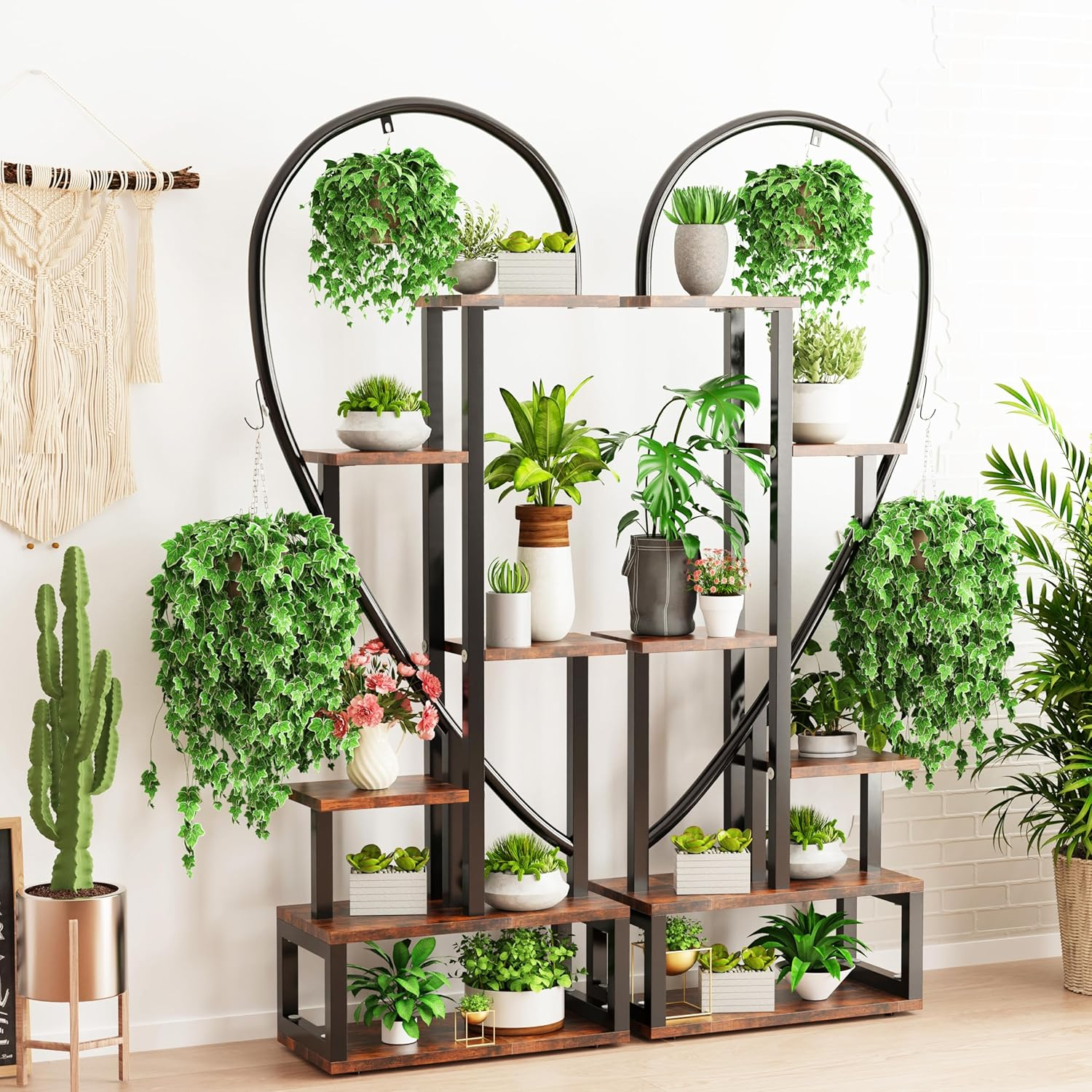 6-Tier Indoor Plant Stand: Tall Wood and Metal Plant Shelf Storage Large Flower Pots Display Ladder Rack Multi-Purpose Storage Unite Shelf for Garden Balcony Living Room Heart Shaped image number 1