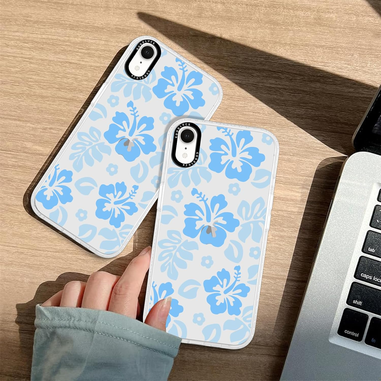 RUMDEY Clear Hibiscus Flower Case for Iphone XR 6.1", Cute Preppy Floral Crystal Pattern Aesthetic Design Soft Slim Anti-Yellow Protective Shockproof TPU Phone Cover for Women Girls - Blue image number 2