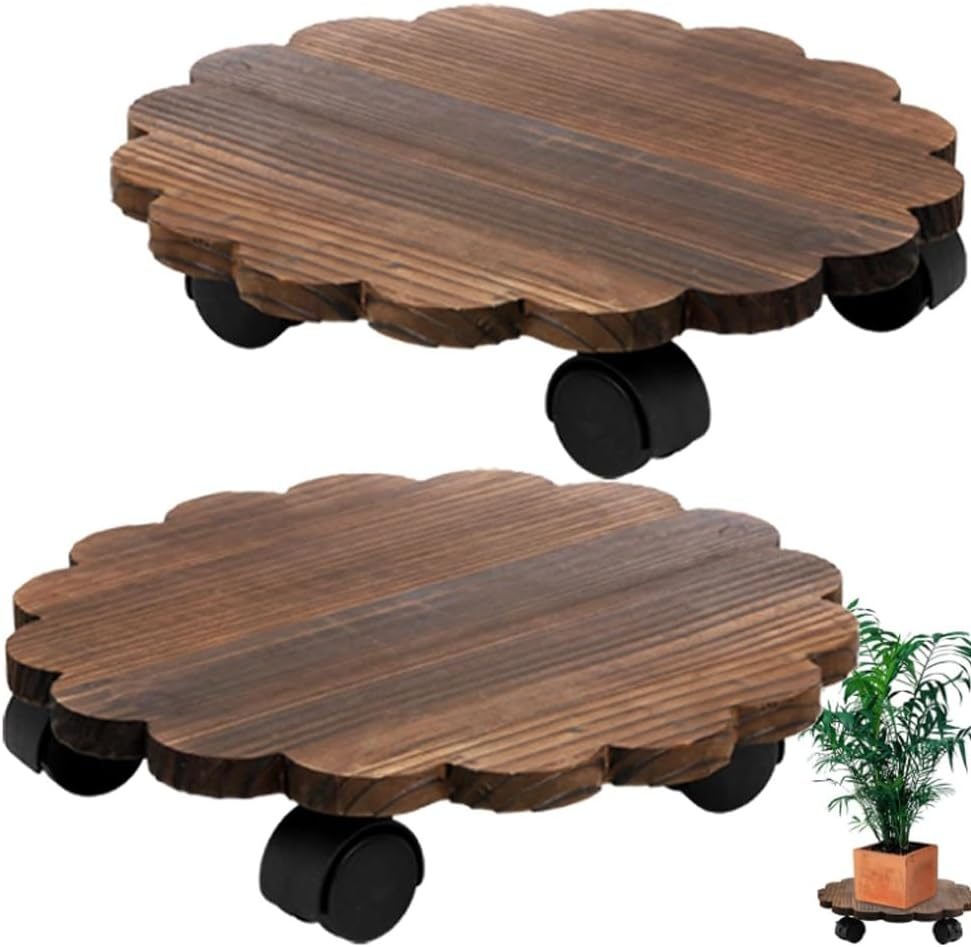 GUDAJIN 2 Pack Plant Cart, Wooden round Plant Cart, Rolling Plant Stand with 360&deg; Lockable Casters, Wooden Plant Pot Mobile Tray Base for Large Pots, Planters, Patio, Indoor Outdoor image number 1