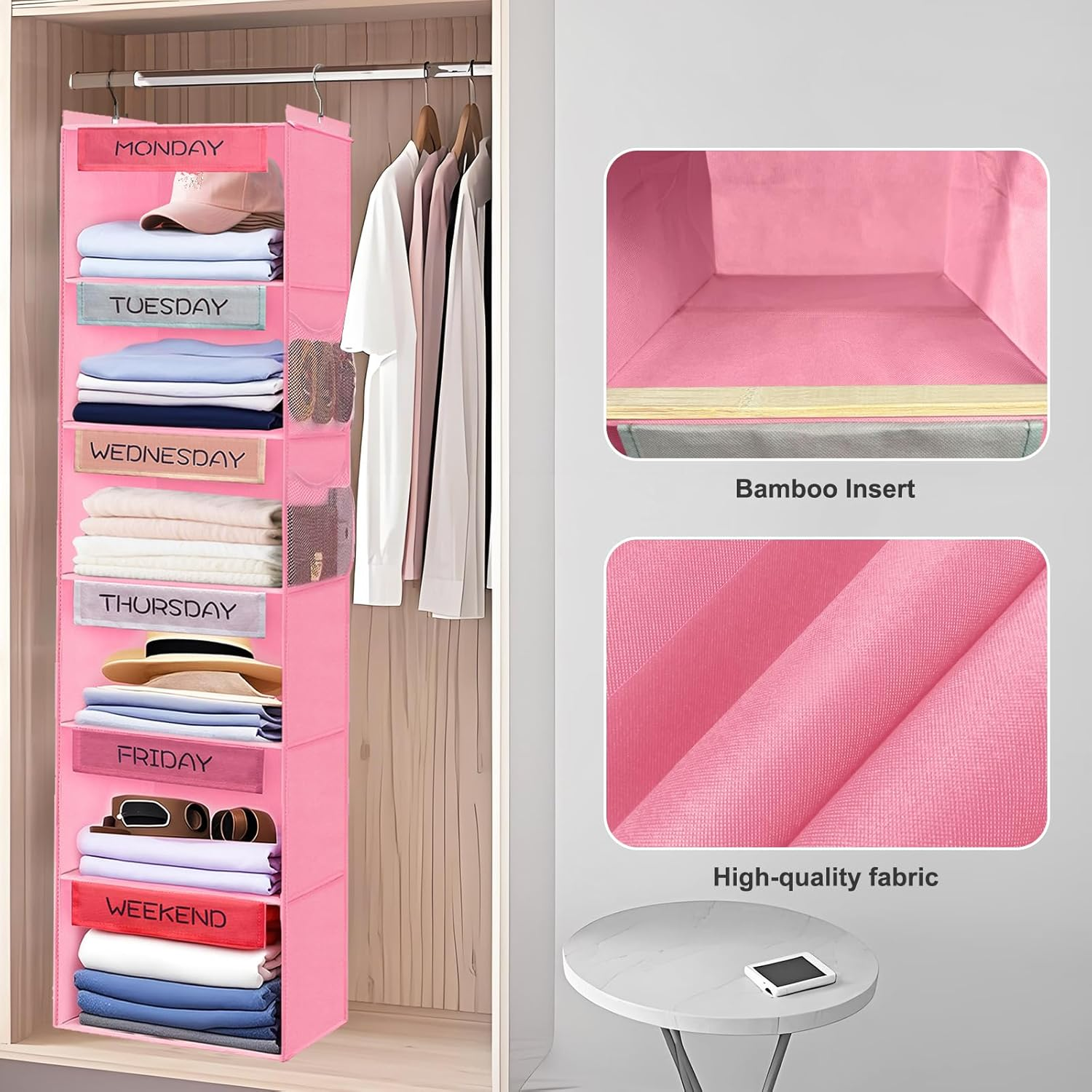 Weekly Clothes Organizer for Kids, 6-Shelf Hanging Closet Organizer with 2 Side Pockets, Days of the Week Clothes Organizer, with Labeled Days of the Week Monday through Friday, Weekday and Weekend image number 5
