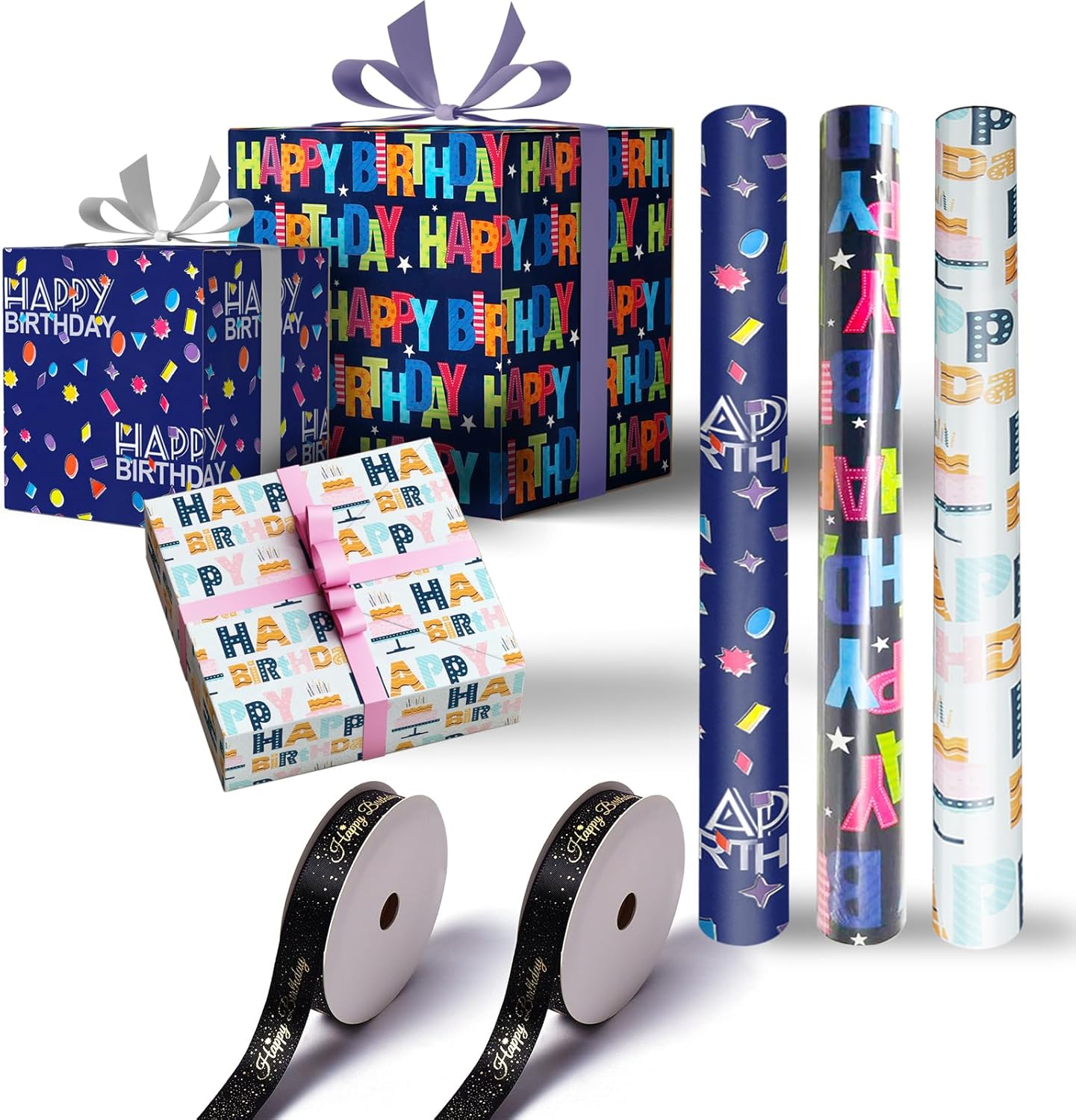 RINGSUN Birthday Wrapping Paper Roll, 3-Rolls 43X300Cm Happy Birthday Gift Wrapping Paper and 2-Rolls Band - Ideal for Boys & Girls Presents