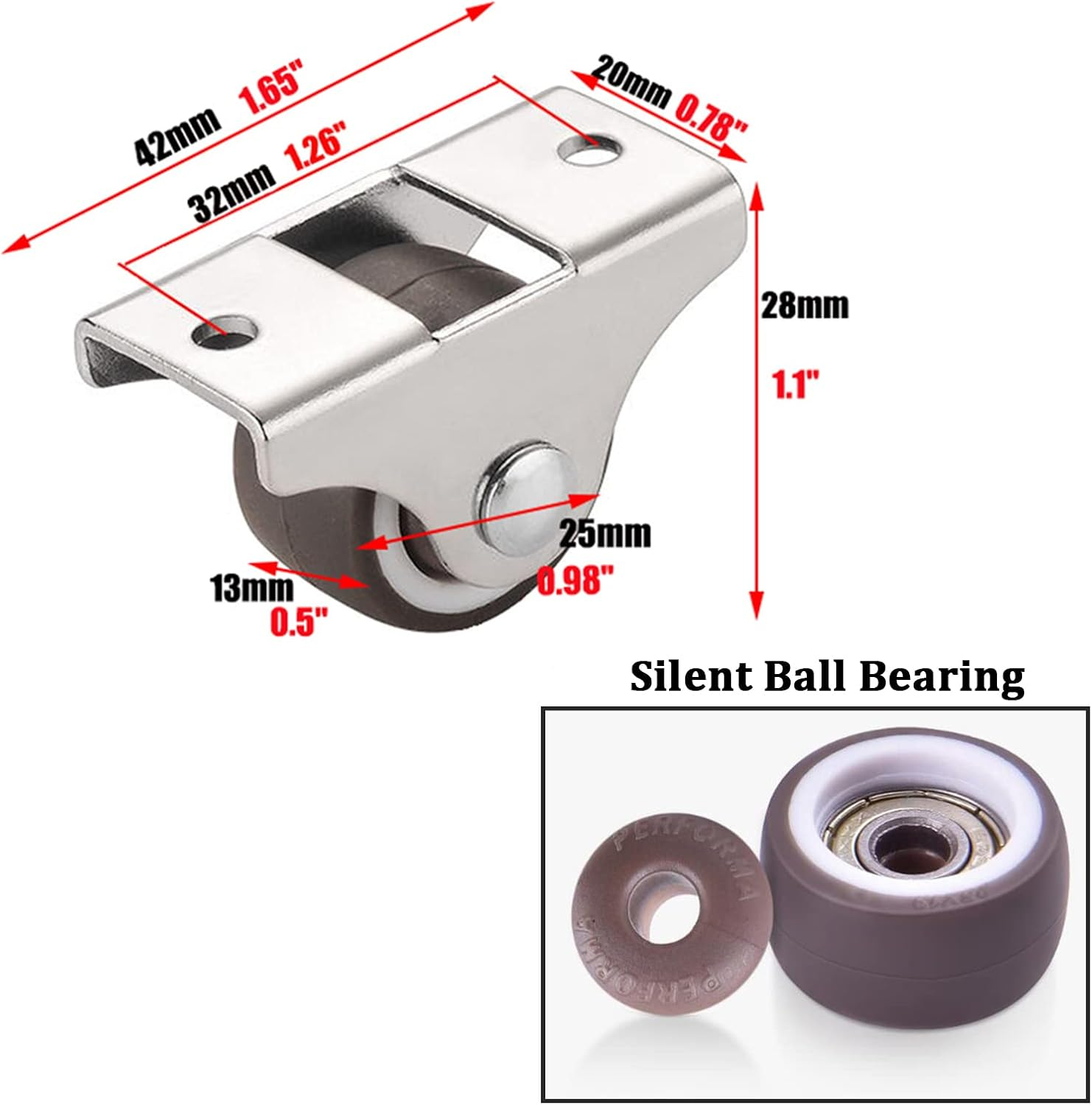 Mini Fixed Casters Wheels 1 Inch Silent Ball Bearing Small Casters Wheels for Cart, Metal Top TPE Rubber Directional Wheel Low Profile Casters for Furniture Cabinets under Bed Drawer with Screws 4 Pcs