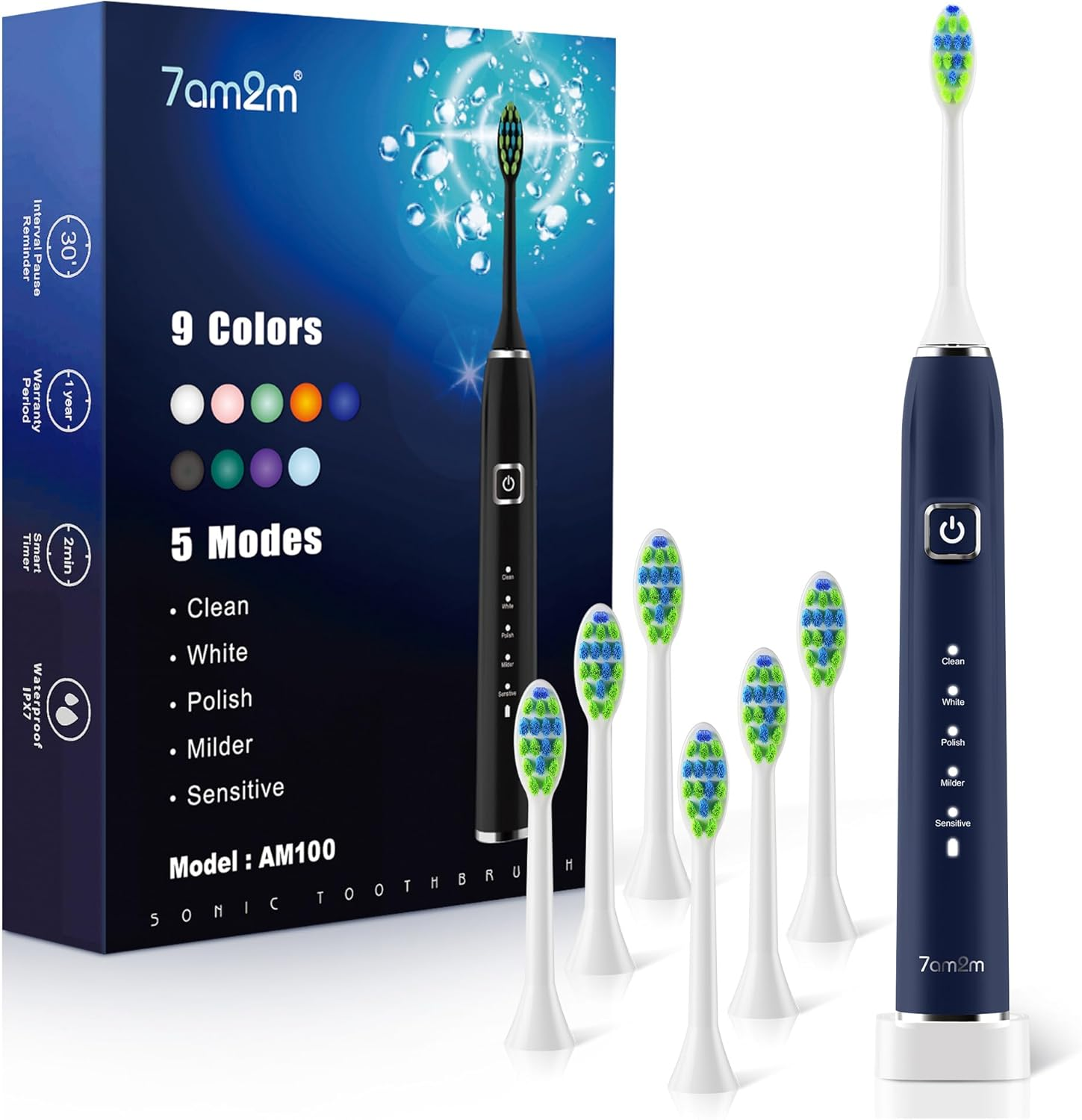 7AM2M Sonic Electric Toothbrush with 6 Brush Heads for Adults and Kids, One Charge for 120 Days, Wireless Fast Charge, 5 Modes with 2 Minutes Built in Smart Timer, Electric Toothbrushes (Black)