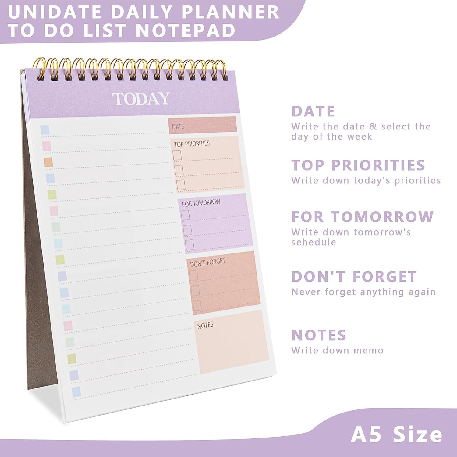 Daily Planner Notepad,Nedlon 2 Packs to Do List Notepad,104 Pages A5 Undated Daily Planner with Task Checklist,Spiral Binding,120Gsm Paper,Transparent Cover for Home,Office,School Supplies,Green&Purple image number 2
