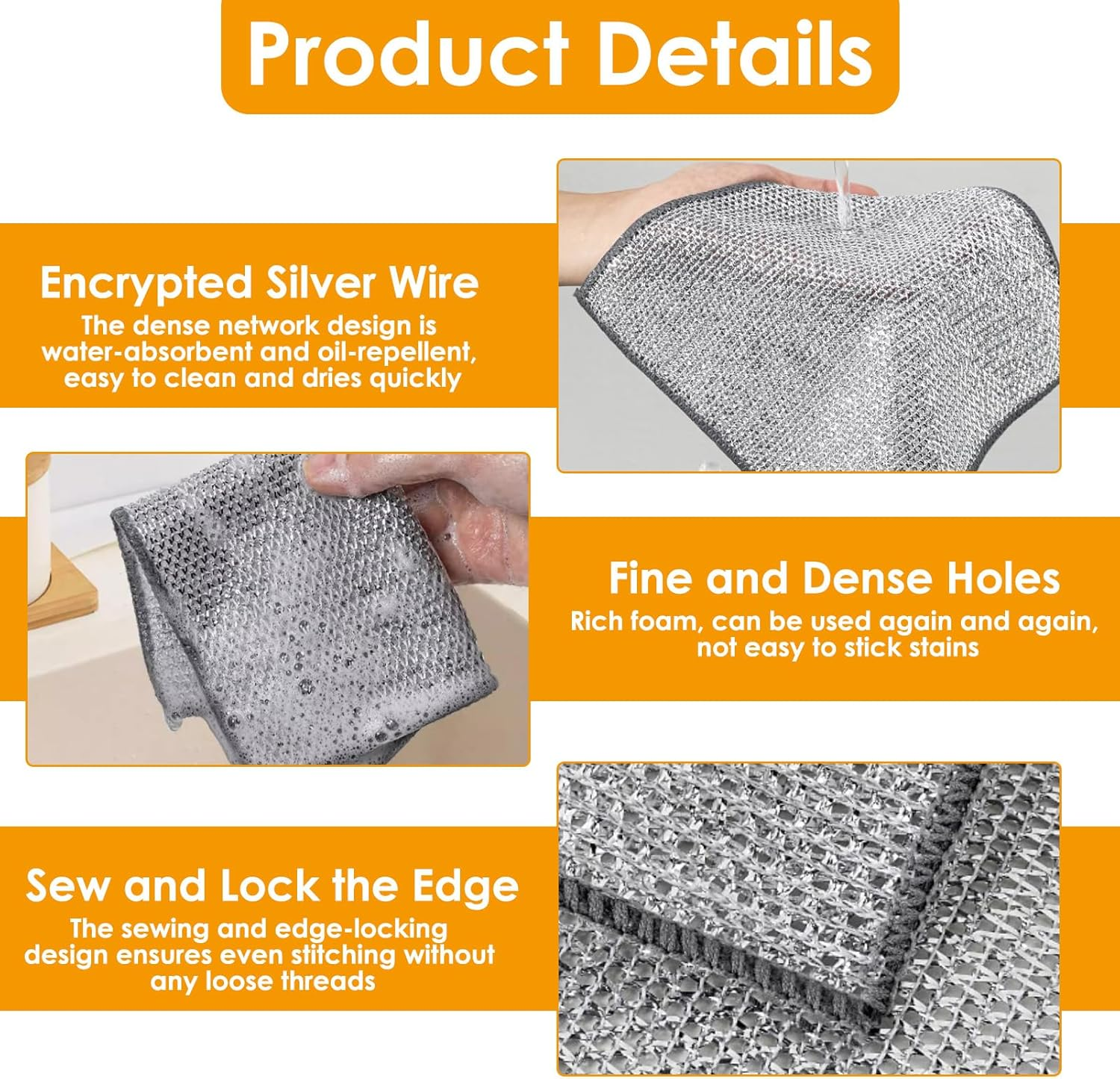 10 Pcs Multipurpose Wire Miracle Cleaning Cloths, Non-Scratch Wire Sponge Cloth Dishwashing Rag for Wet and Dry Use, Silver Dishcloth Double Layer Reusable for Metal Kitchen Pan Pot Dishes