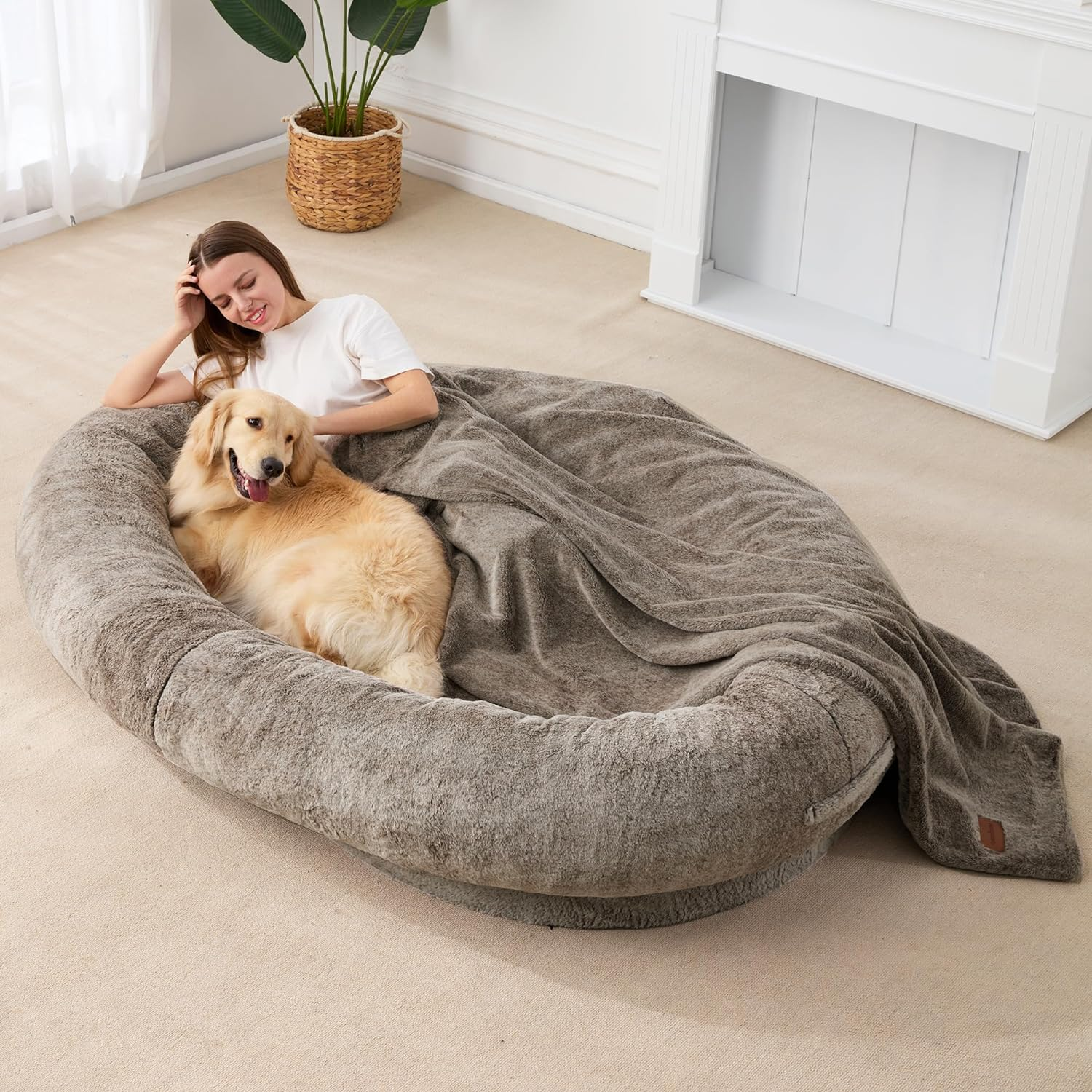 Homguava Large Human Dog Bed 75.5''X55''X12'' Bean Bag for Humans Giant Beanbag with Blanket People, Families, Pets (Grey Plush)