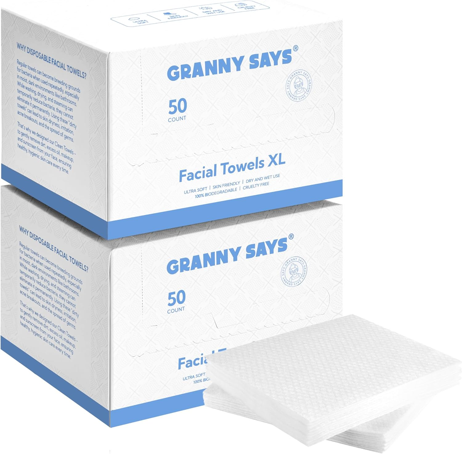 GRANNY SAYS Disposable Face Towel XL,100 Count Clean Towels, Double-Sided Face Wipes for Sensitive Skin, Disposable Face Towelette, Large Facial Washcloth, Multi-Purpose Makeup Remover, Dry Wipes image number 4