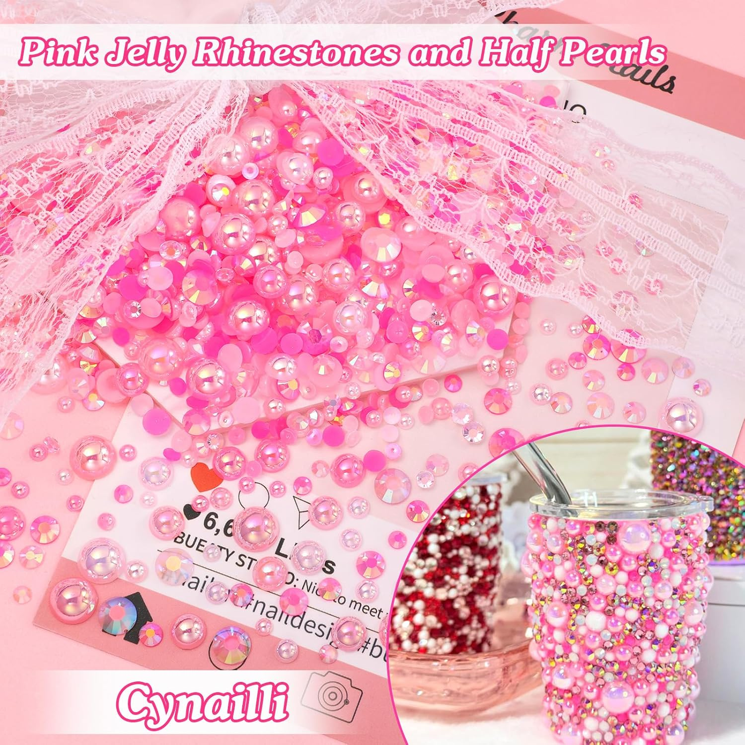 2 Boxes Pink Color Flatback Pearls and Resin Rhinestones for Crafting, 3-6 Mm Jelly Rhinestones, Mixed Size Half Pearl Bedazzling Gems for Nail DIY Crafts Mugs Bottles Tumblers Clothes Makeup image number 3