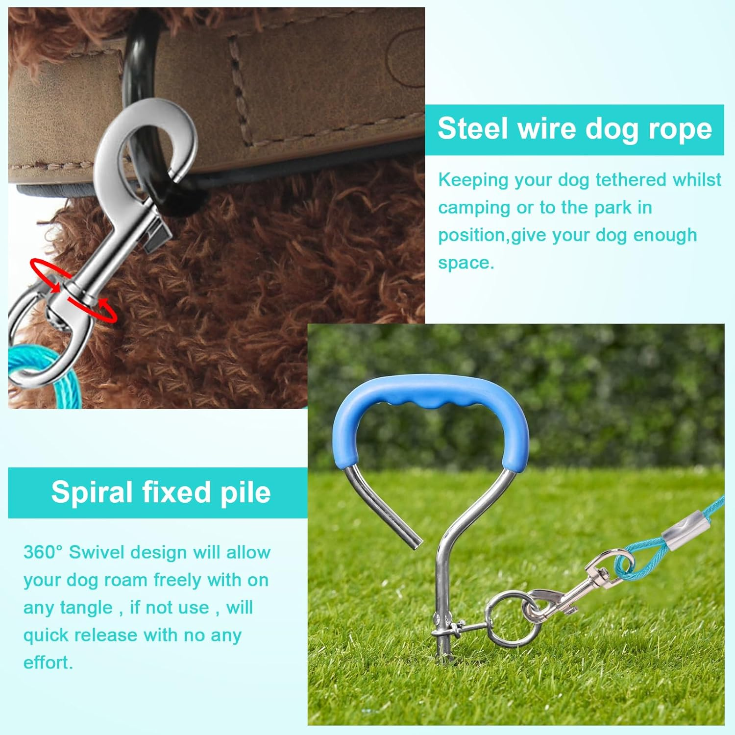10Ft Dog Tie Out Cable with 15" Spiral Ground Stake Spike for Small to Medium Dogs up to 60 Lbs, Pet Tie Out Cable for Playing, Camping，Outdoor, Yard and Backyard in Ground (3 Meter, Lake Blue) image number 4