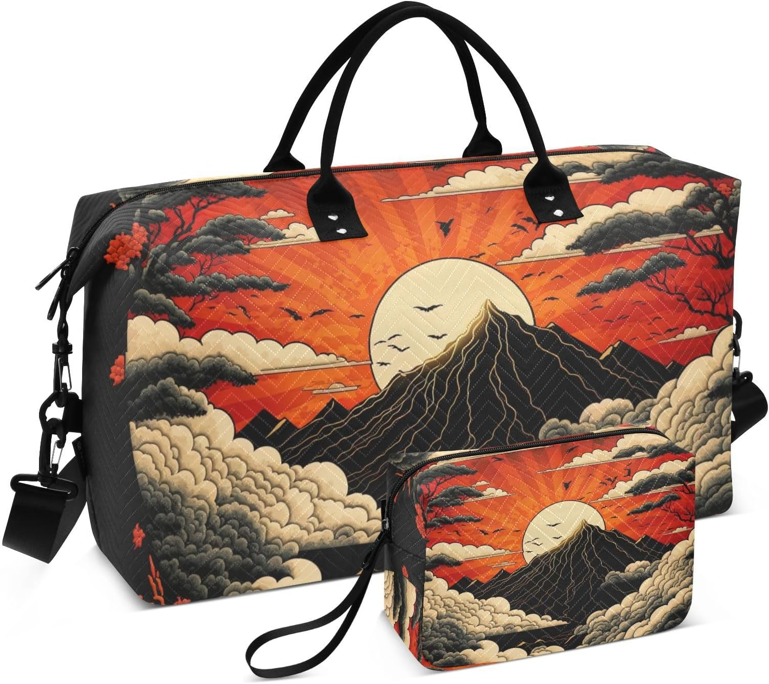 Duffel Bag Set with Toiletry Bag for Travel Gym Sport, Luggage Sleeve Weekender Bags Carry on Overnight Bag-Traditional Japanese Painting Print, Multicolored, 20.5 X 7.9 X 13.8 Inches+9.1 X 3.5