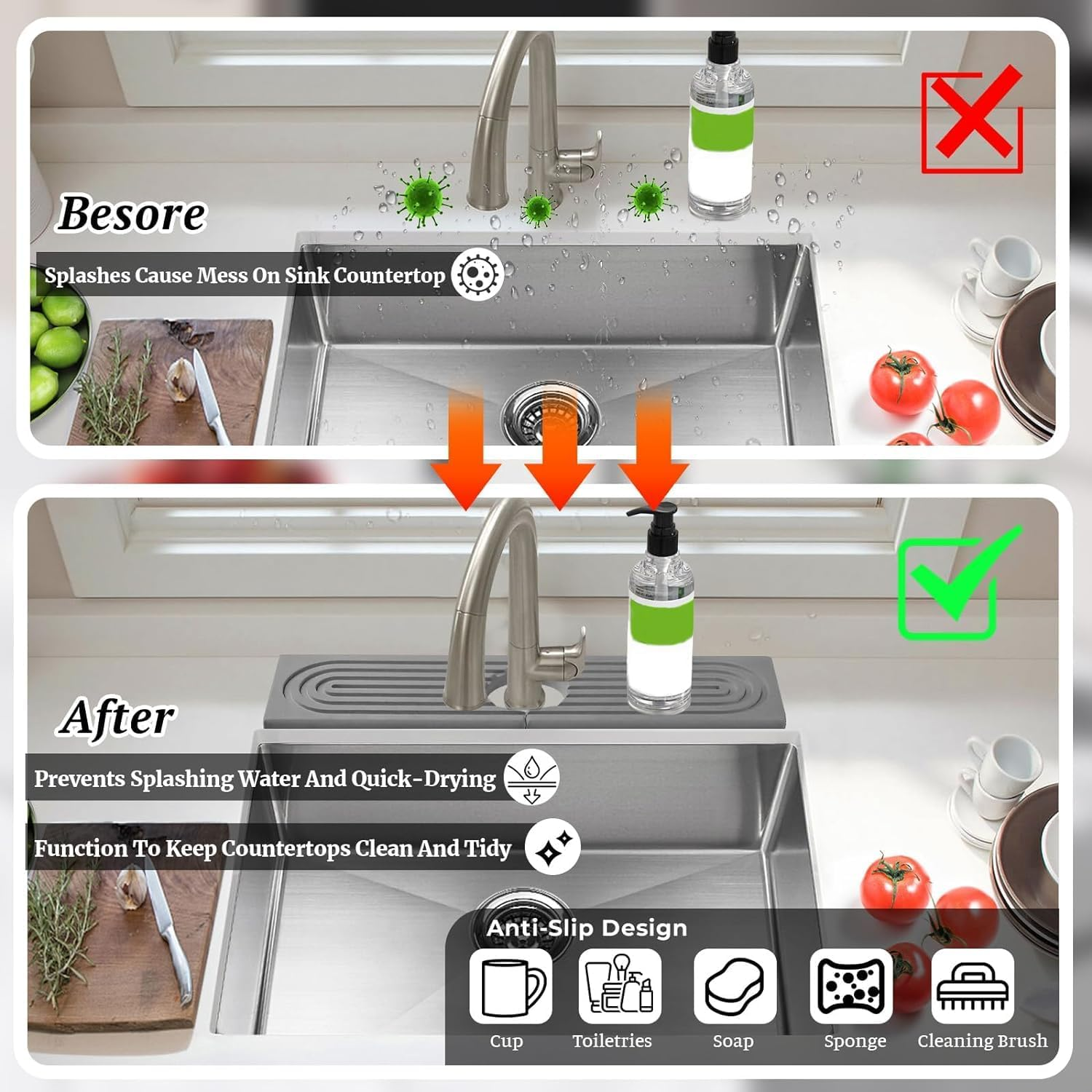 WADY Faucet Mat for Kitchen Sink, Kitchen Faucet Absorbent Mat - 23.6'' Long Diatomaceous Earth Splash Guard for Sink Faucet, Aesthetic Water Absorbing Stone Tray in the Modern Home (Dark Grey)