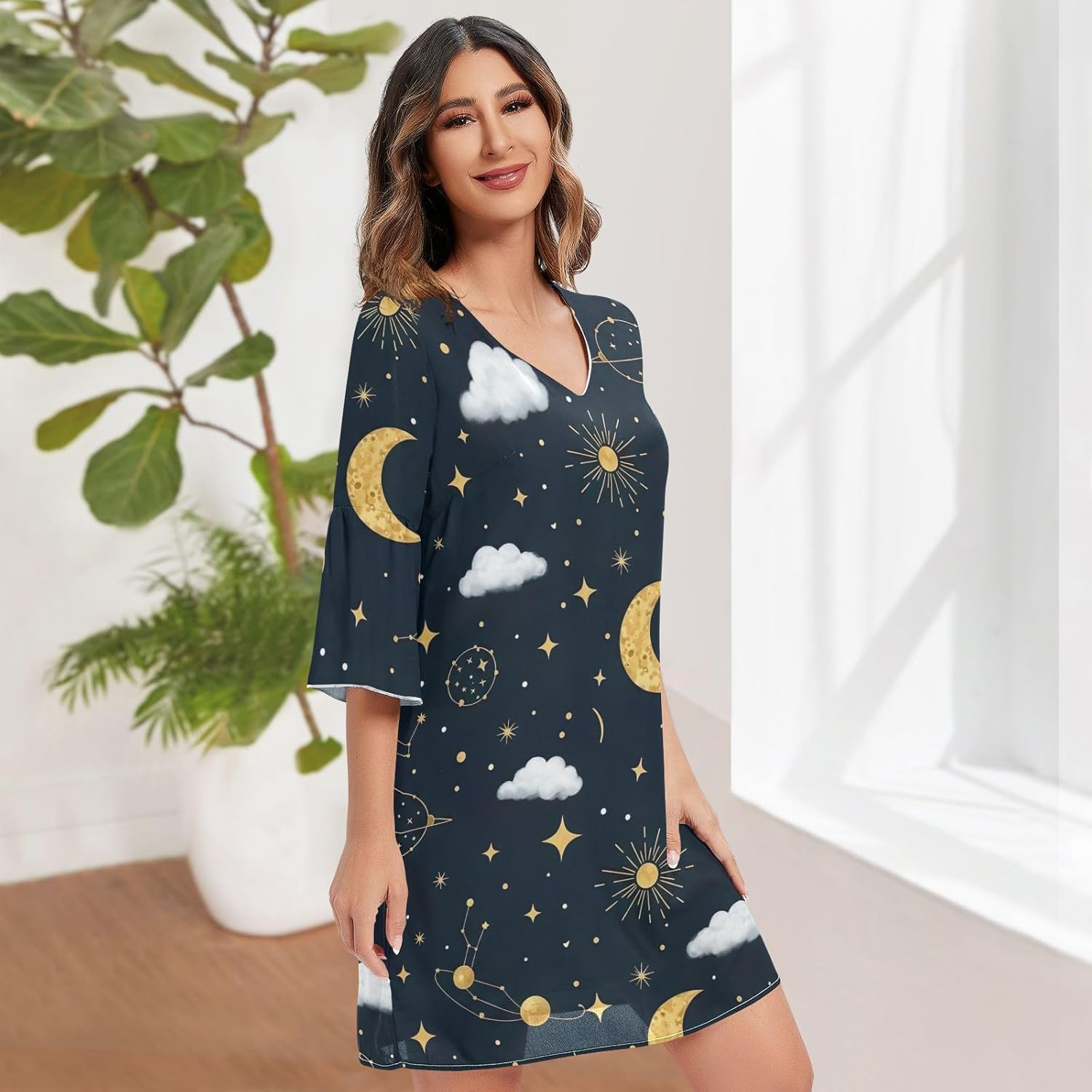 Gold Moons Stars Black Western a Line Dress Printed Maternity Dress Party image number 1