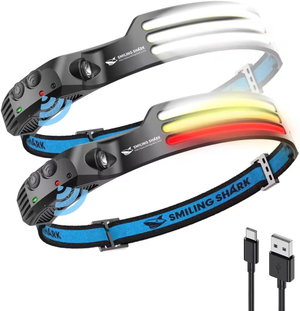 Smiling Shark LED Headlamps, 230&deg;Wide Angle 3*Multi-Color Light Strips 2 Packs Head Lamp Rechargeable with Motion Sensor Waterproof Headlight for Camping Hiking Outdoor, Head-Lamp-Led-Hat-Light