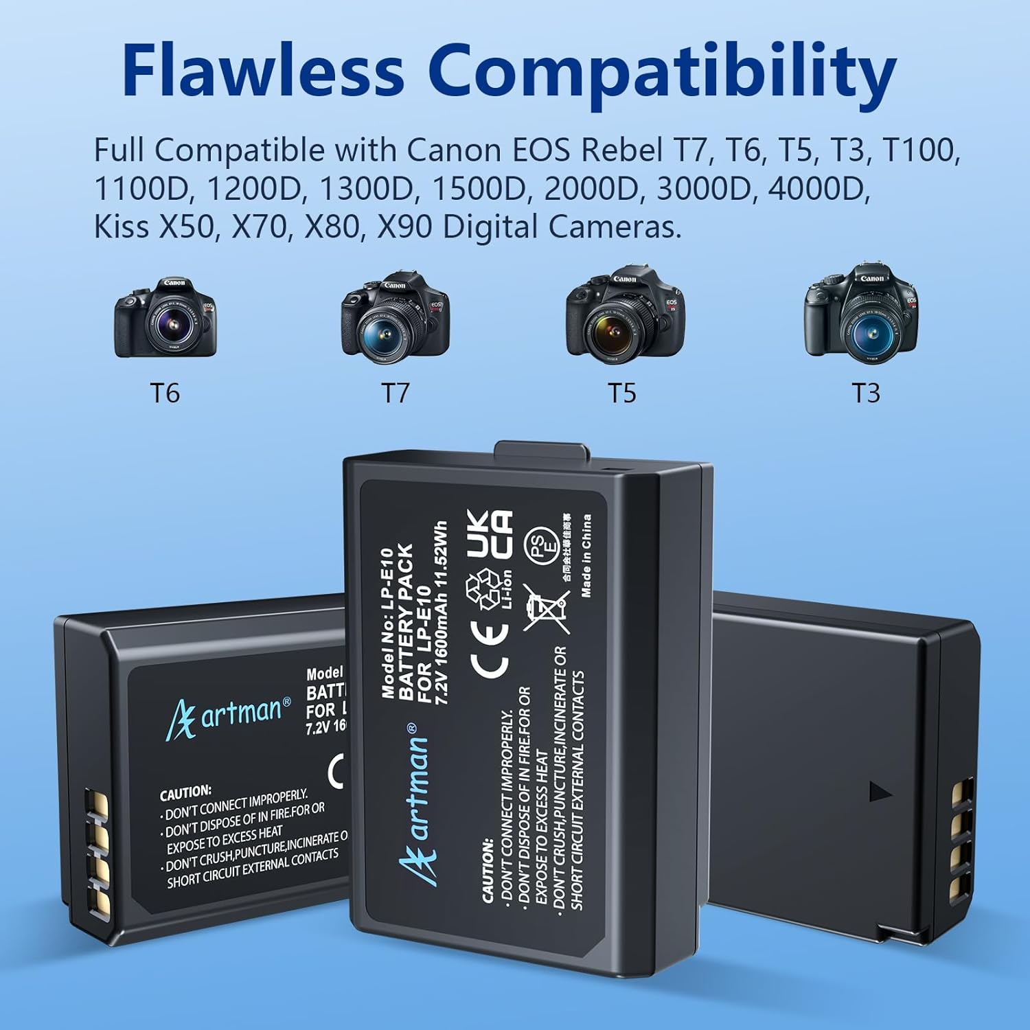 Artman LP-E10 Battery 3-Pack 1600Mah and 3-Slot LCD Charger Pack for Canon EOS Rebel T7 T6 T5 T3 T100 Kiss X50 Kiss X70 EOS 1100D 1200D 1300D 2000D Digital Cameras image number 5