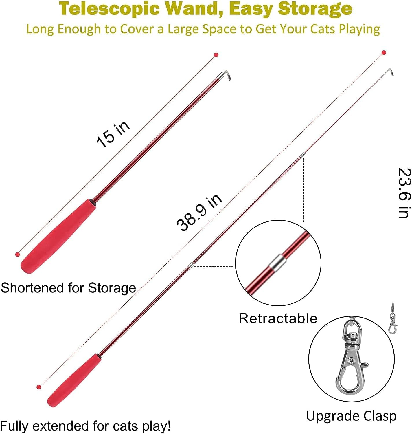 Cat Feather Toy, Retractable Cat Toys Wand 2 Wands & 9 Assorted Teaser Refills, Interactive Feather Teaser Wand Toy Bell Kitten Cat Having Fun Exerciser Playing image number 5