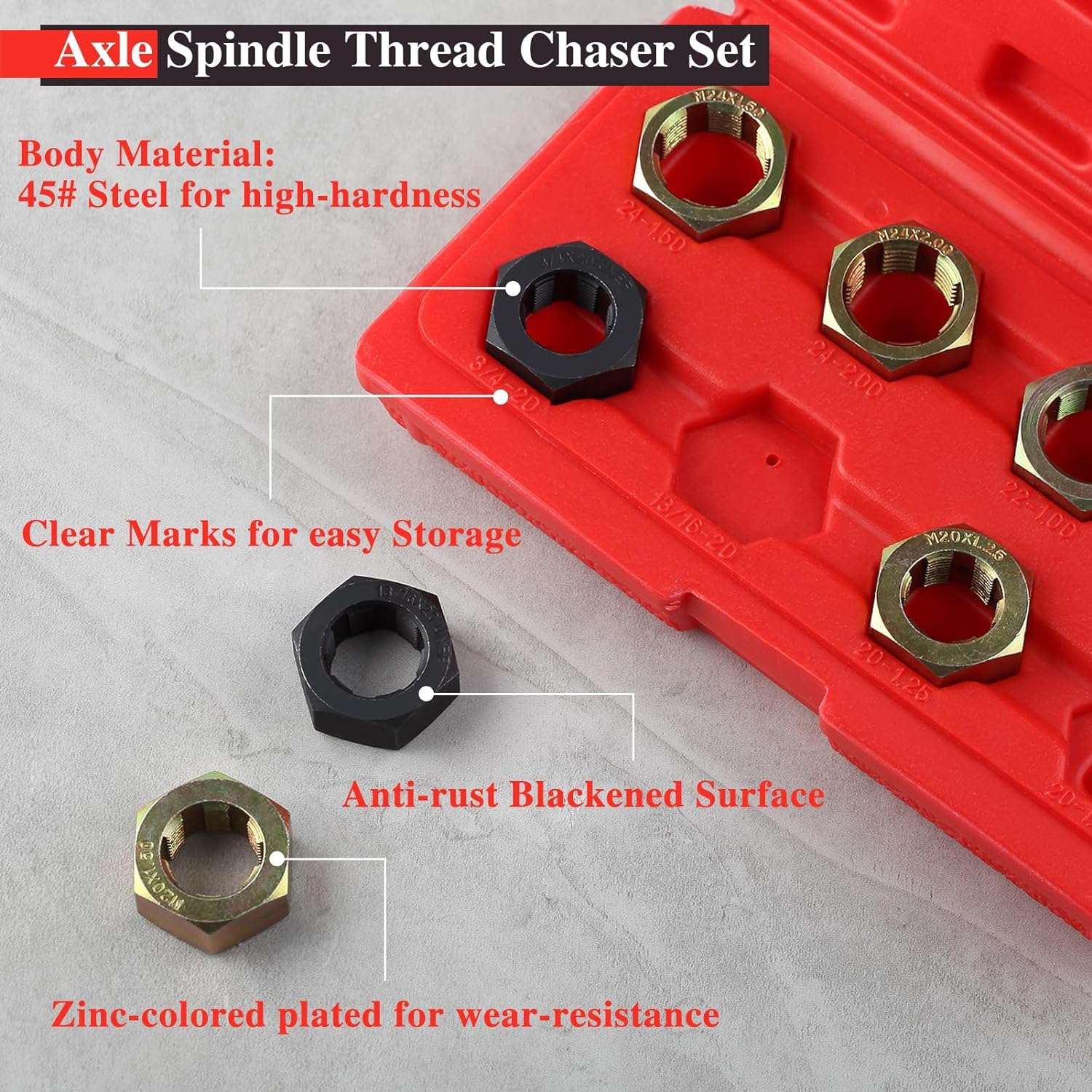 LEONTOOL 8 PCS Axle Spindle Thread Chaser Set, Thread Repair Kit High-Strength Thread Restorer Tool, Axle Spindle Fractional Cleaning and Rethreading Set Metric M20 M22 M24 & UNEF 13/16" 3/4" image number 2