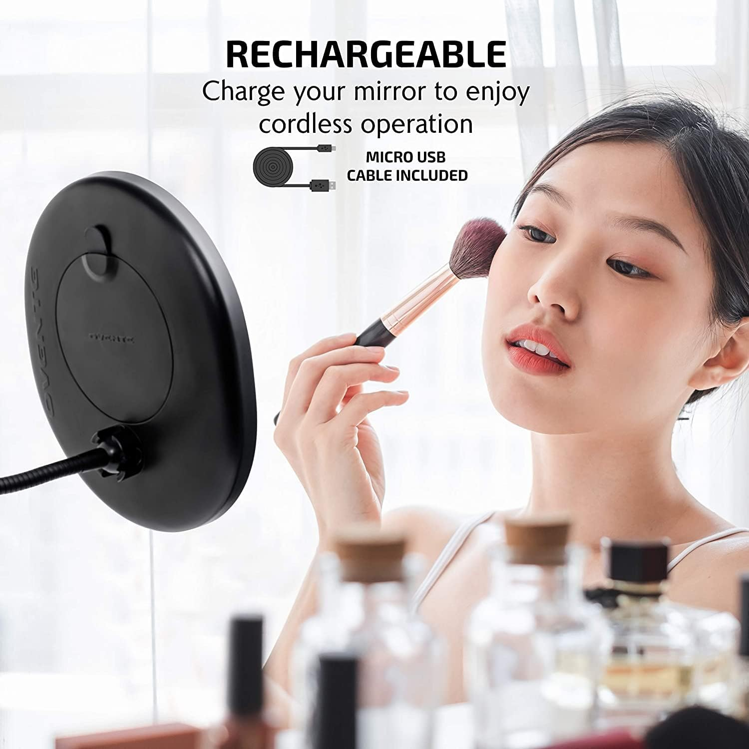 OVENTE 9'' Rechargeable Lighted Wall Mount Makeup Mirror for Bathroom with Mini Magnetic 10X Magnifying Mirror, Touch Screen Dimmable LED Lights, Flexible Gooseneck and Suction Mounting, Black MOW22B image number 4