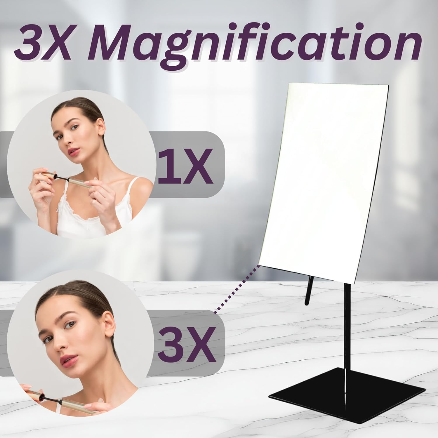 JERDON Rectangular Tabletop Makeup Mirror - Makeup Mirror with 3X Magnification with Black Finish - 5-Inch by 8-Inch Vanity Mirror - Model JP358BK image number 4