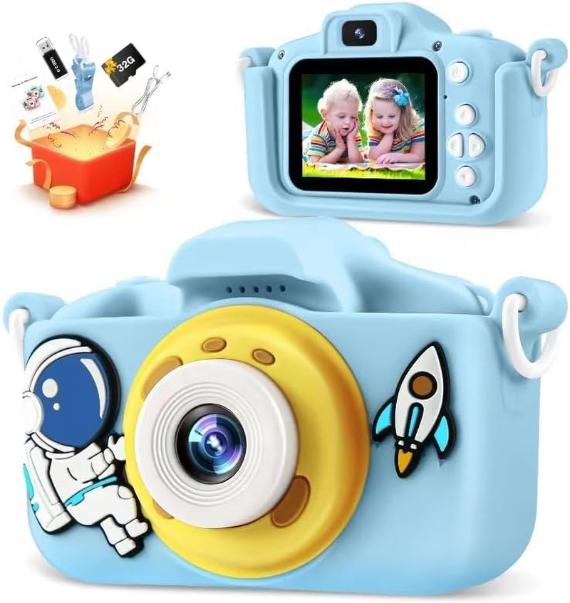 Kids Camera Toys for 3-12 Year Old Boys Girls Children, 1080P HD Portable Child Digital Video Camera with Silicone Cover, Chritmas Birthday Festival Gifts for Toddler with 32G SD Card (Astronaut Blue)