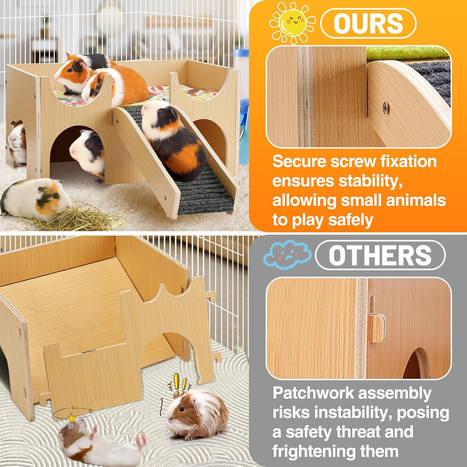 Upgraded Guinea Pig Castle, Sturdy Wooden Guinea Pig Hideout, Small Animal House Bed Hut Habitats with Stairs, Easy to Assemble for Hamsters Bunny Chinchillas Playing Hiding image number 6