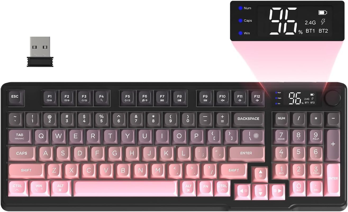 FREEWOLF M96 Wireless Gaming Keyboard Creamy Membrane with Rainbow Backlight,Media Knob,Lcd Screen,Dual Mode-Bluetooth/2.4Ghz,Ball Shape PBT Keycap 94 Key ANSI Layout for Win Mac PC Gamer(Blackberry) image number 2