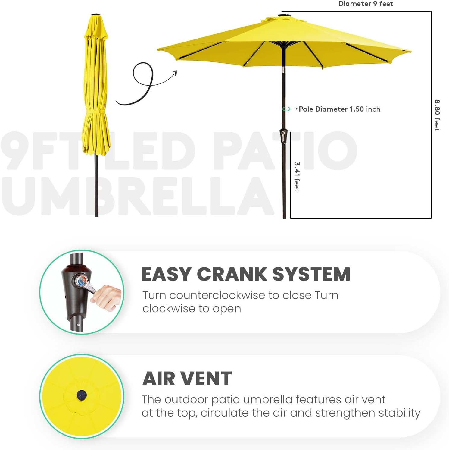 JEAREY Upgrade 9FT LED Lighted Patio Umbrella, Solar Outdoor Umbrella, Tilt Table Umbrella for Pool, Deck & Yard(Yellow) image number 2