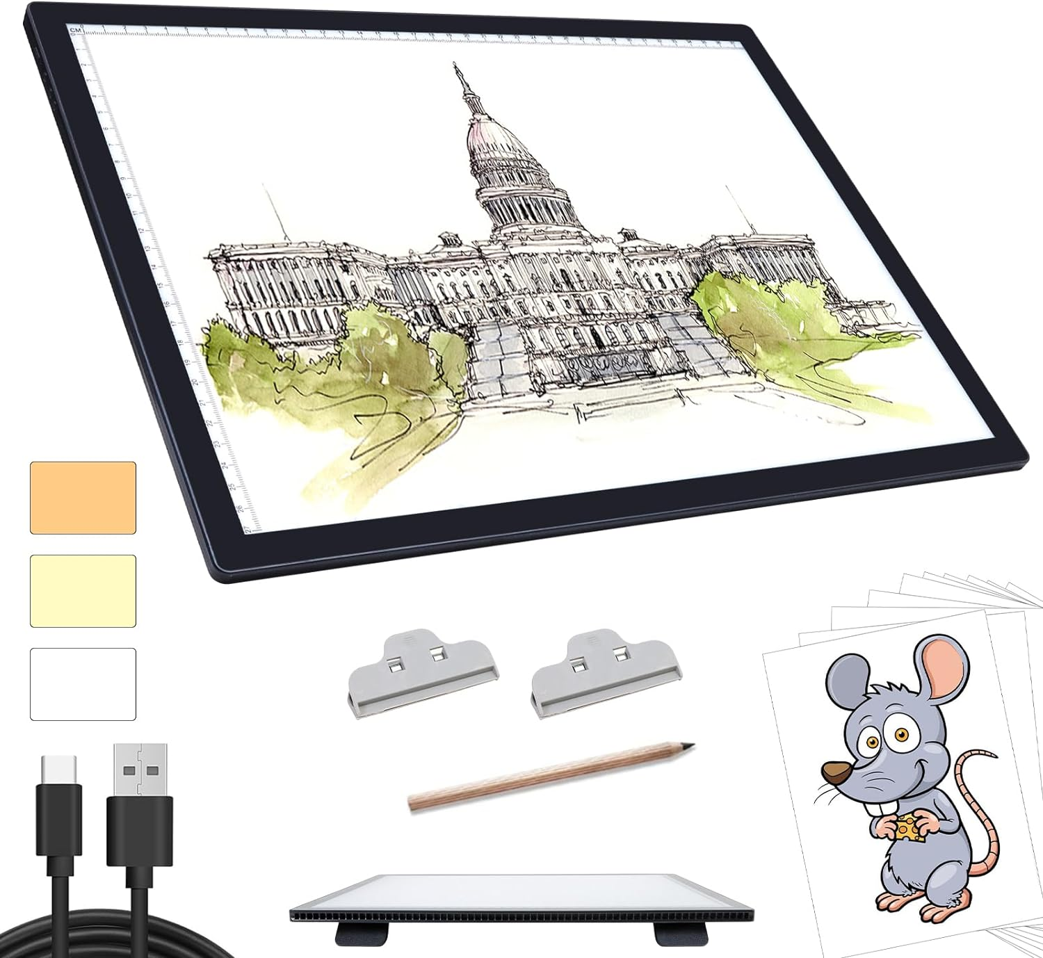A3 Light Box for Drawing - Portable Battery Powered Light Pad, 3 Colours 6 Levels Brightness Tracing Light Box, Rechargeable LED Light Board for Diamond Painting Weeding Vinyl Drawing image number 5