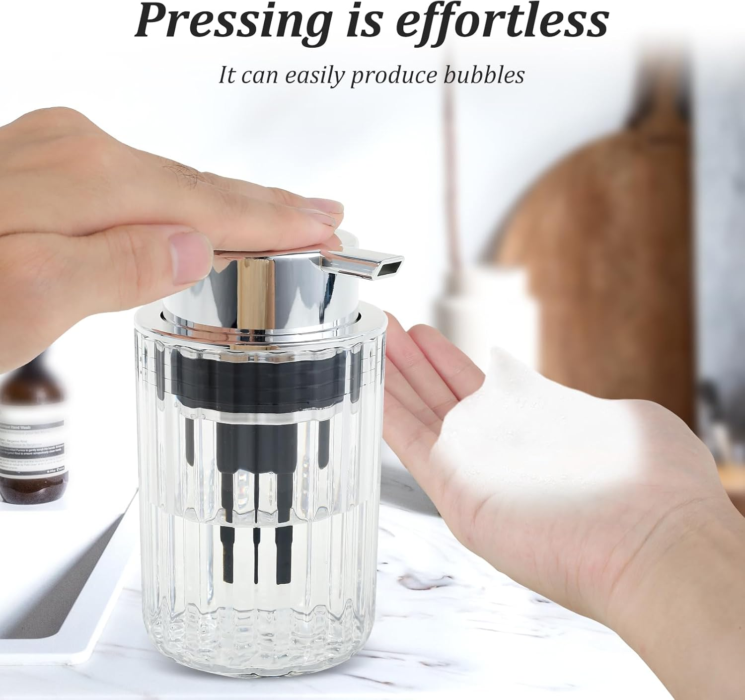 Foaming Soap Dispenser with Pump Refillable Glass Foaming Hand Soap Pump Delicate Foaming Soap Dispenser Clear for Kitchen Bathroom Hand Soap Pump Dispenser for Essential Oil Shampoo (1, Silver) image number 1