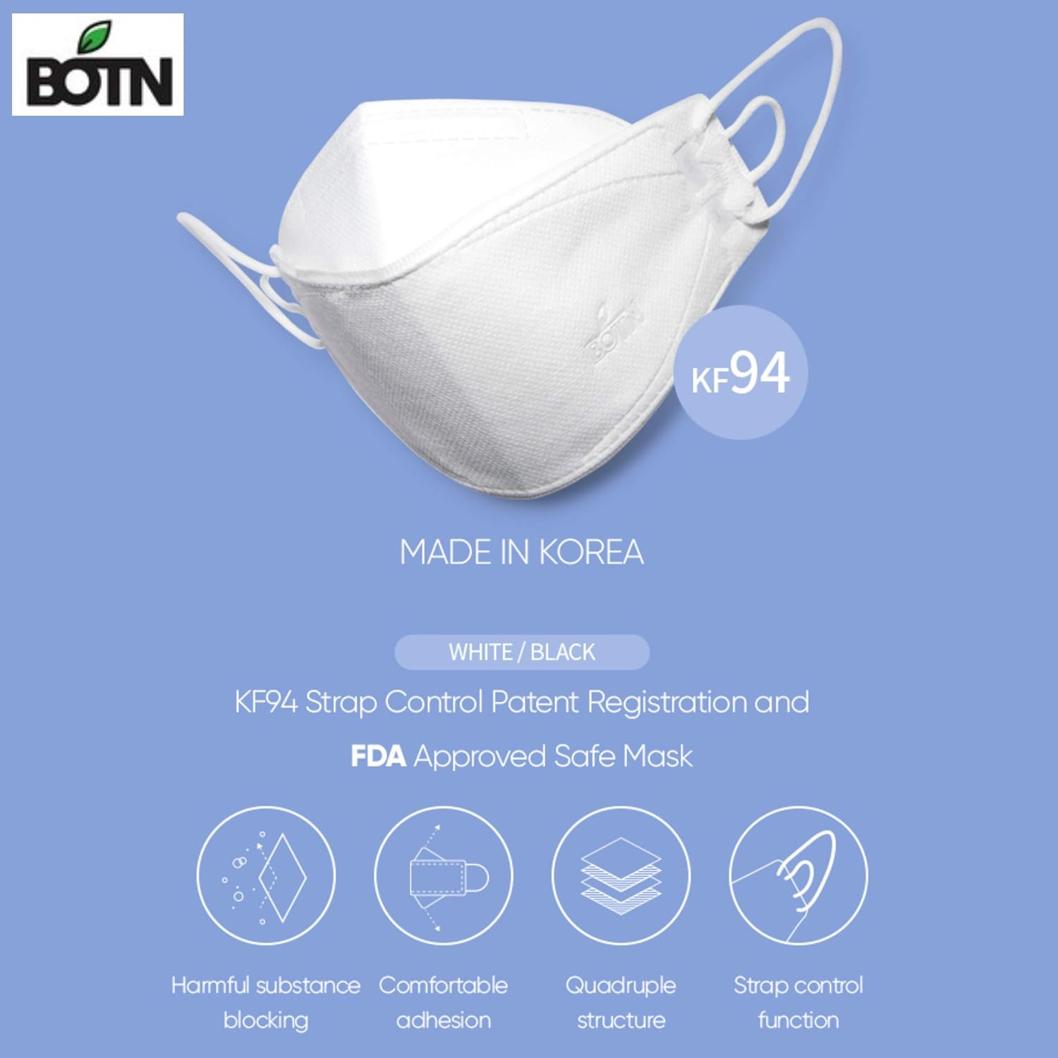 30Pcs [BOTN] KF94 Face Mask Made in Korea, White Color, Disposable KF94 Mask, White KF94 Masks, Adjustable Strap, 3D Shape Design. (30 Pack) image number 5