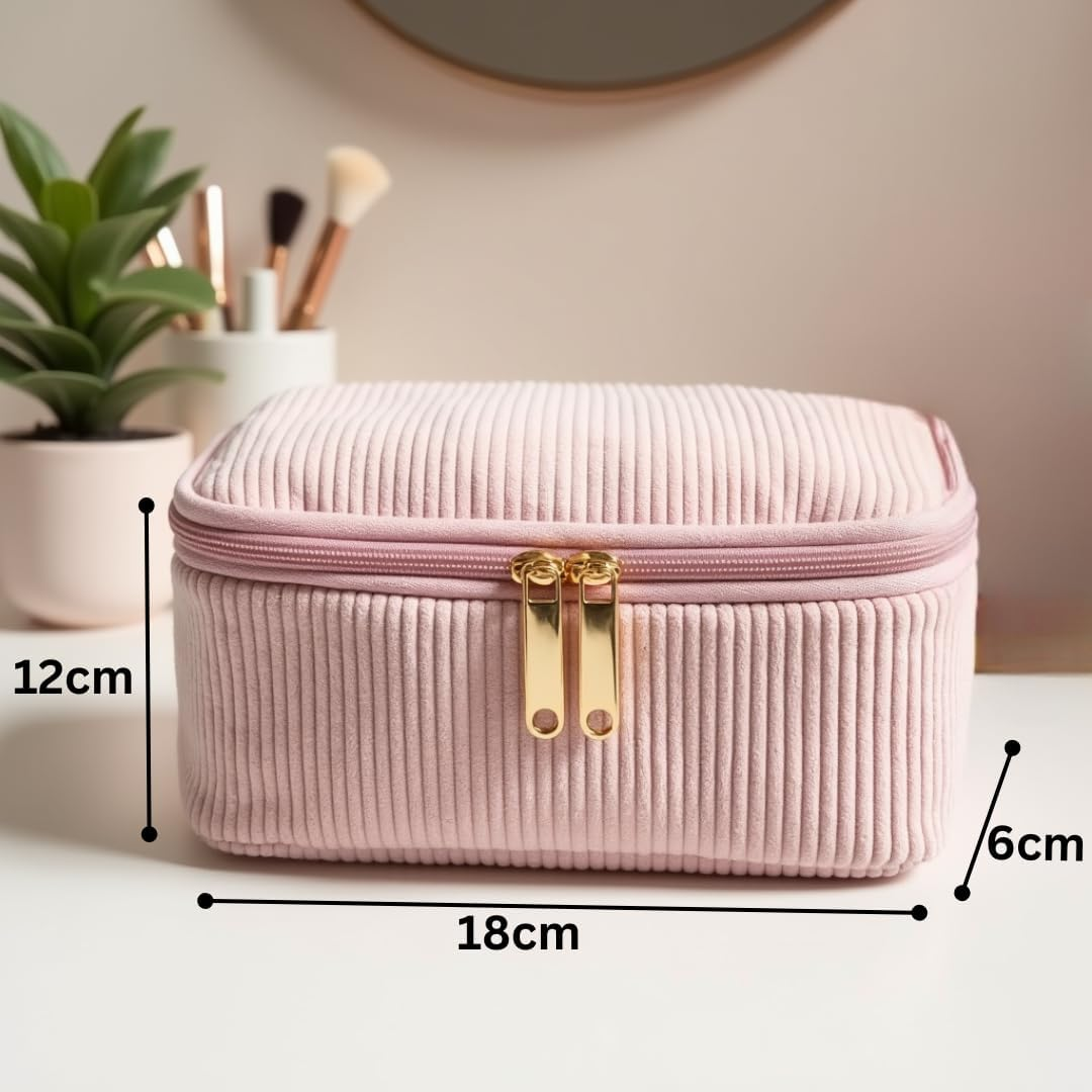 Set of 4 Cosmetic Bags - Cosmetic Bag Made of Corduroy Pink - Makeup Bag, Make up Bag, Wash Bag for Travel, Cosmetic Bag Women, Pink, Pink Cosmetic Bag with Golden Zip image number 3