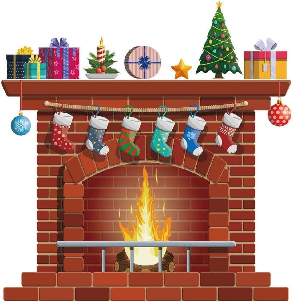 Christmas Fireplace Wall Stickers,Xmas Tree Gift Box Pattern Wallpaper,Christmas Fireplace Wall Decal Peel and Stick Self-Adhesive PVC Window Decal Removable image number 3