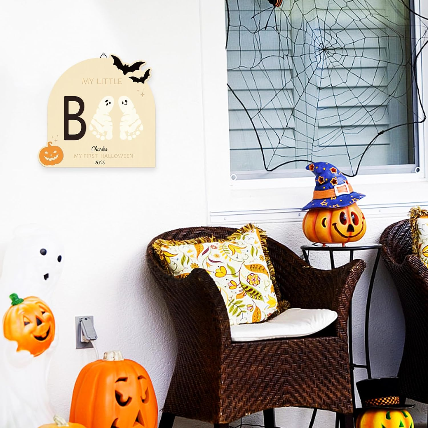 Sereliy Baby'S First Halloween DIY Footprint Art Card, Wooden Little Boo Sign Keepsake Ornaments for Baby Shower Newborn Photoshoot Prop (Boo) image number 4