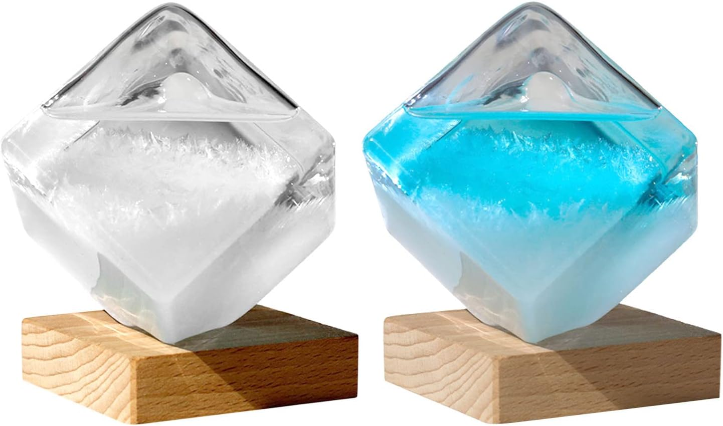Water Cube Shape Weather Bottle with Wooden Base | Storm Glass Weather Station | Barometer Glass - Large Cube Weather Predictor | Practial Desk Ornament for Home, Desk, Birthday