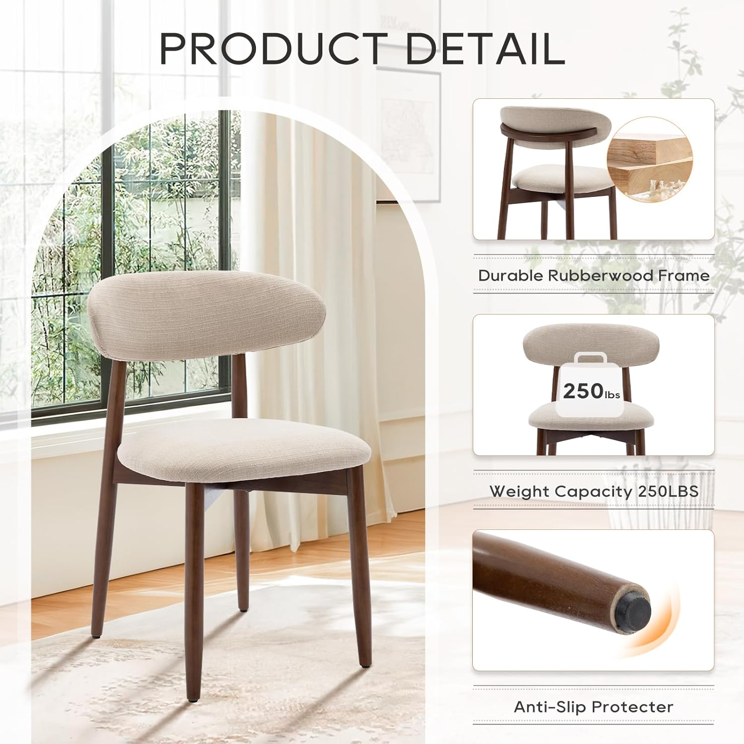 COLAMY Farmhouse Modern Dining Chairs Set of 2, Upholstered Fabric Seat with Wooden Frame, Armless Accent Chairs for Home Kitchen, Cafe (Fabric, Beige) - Beige image number 4