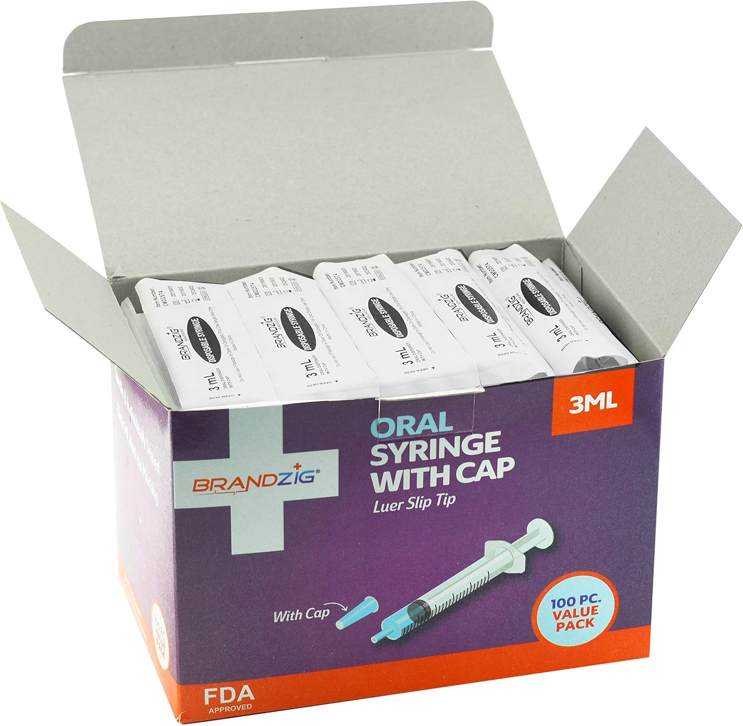 3Ml Syringe with Cap (100 Pack) | Oral Dispenser without Needle, Luer Slip Tip | Individually Wrapped Medicine Dropper for Infants & Pets image number 2