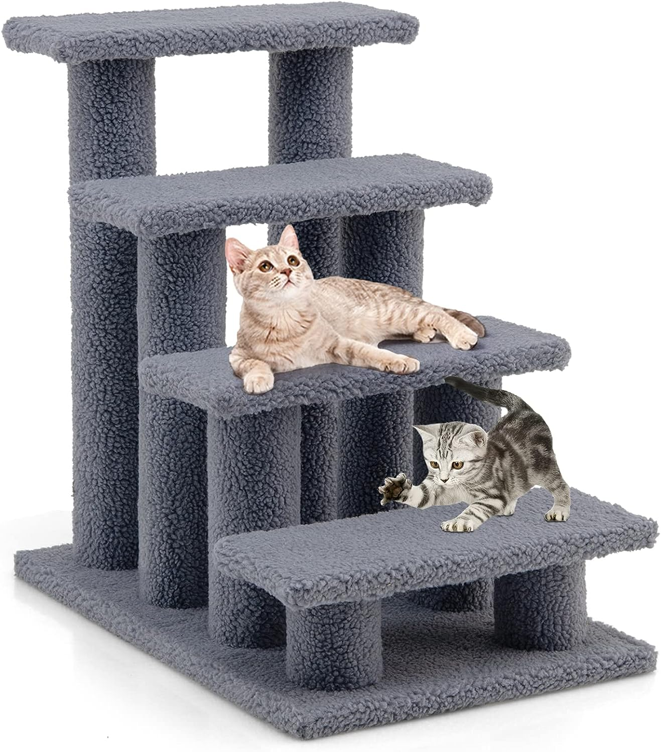 Costway 4-Step Pet Stairs for Cats and Dogs, Carpeted Cat Scratching Post Pet Ramp, 60.5 Cm Indoor Multi-Step Dog Stairs for High Beds, Couch and Sofa, Easy Assembly, Grayish White