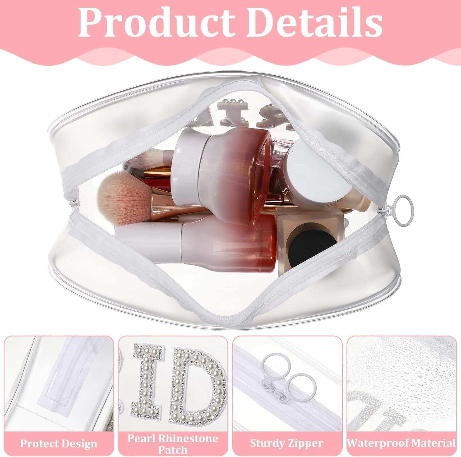 Clear Bride Makeup Bag for Women Bridesmaid Engagement Gift, Pearl Rhinestone Letter Patch Bride Pouch Gifts for Bachelorette Party Wedding Bridal Shower... (Clear, 1PC) image number 4