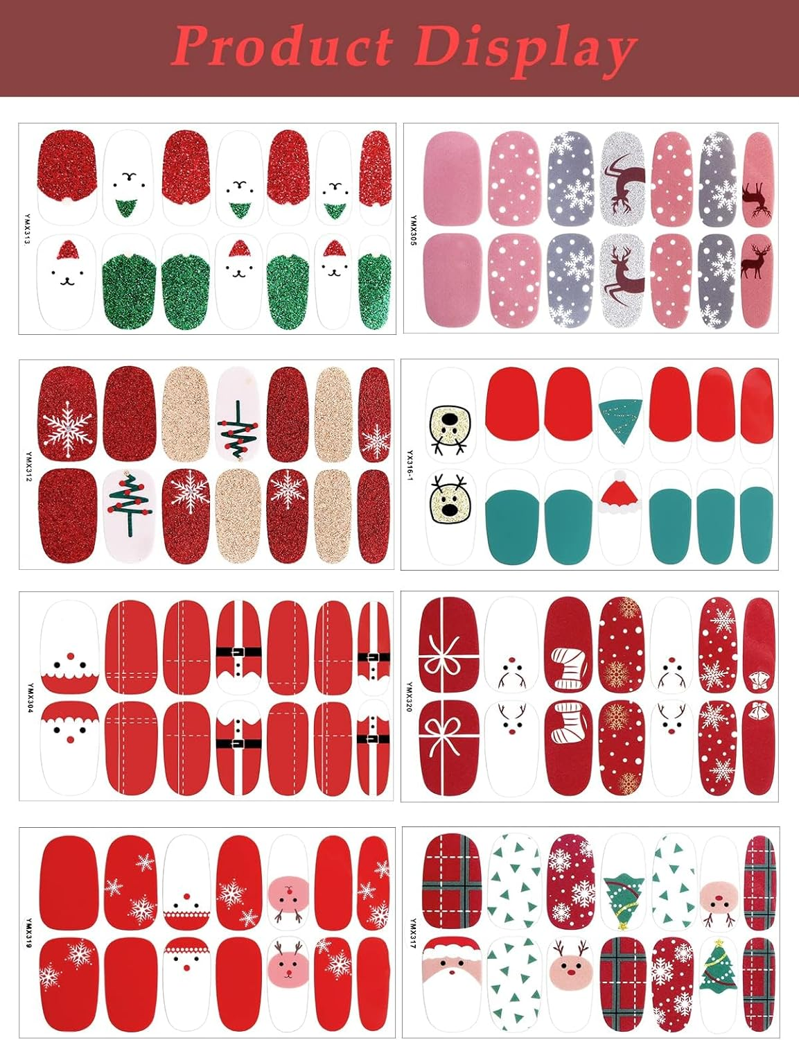 Kalolary 8Sheets Christmas Full Wraps Self-Adhesive Nail Polish Stickers with 1Pcs Nail File, Christmas DIY Nail Art Stencil Christmas Tree Snowflake Elk Nail Wraps Decal Strips Manicure Kit image number 1