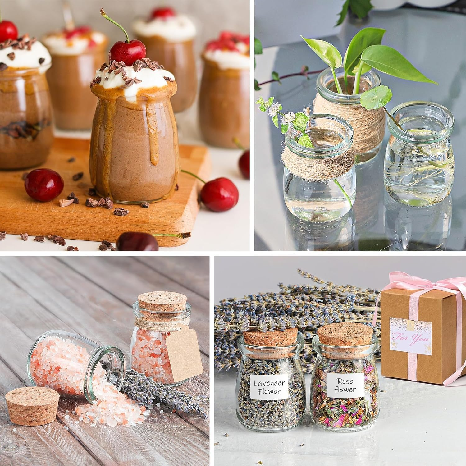 24 Pack Mini Yogurt Jars with Cork Lids, 4 Oz/120Ml Glass Favor Jars, Mini Pudding Jar, Mason Candle Bath Salt Jar, Wedding Favors Honey Pot, Extra Twine, Labels and Cleaning Brush image number 2