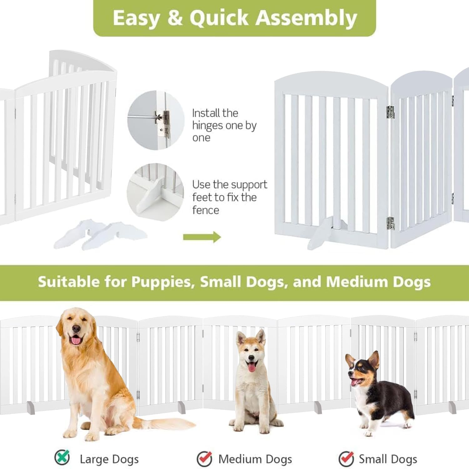 LIODUX Wooden Freestanding Pet Gate for Dogs, Foldable Wooden Dog Gates with 2PCS Support Feet, for Doorways Stairs, Indoor Pet Puppy Safety Fence, Extra Wide, 60CM High, 150 CM Wide (White,3 Panels) image number 2