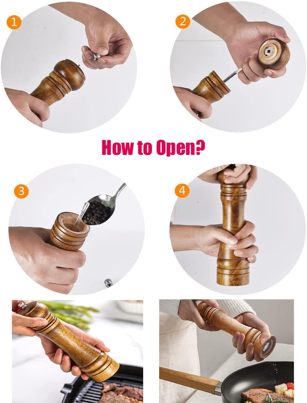 2 Pack Wooden Salt and Pepper Grinders with Cleaning Brush and Spoon, 20.3Cm/8Inch Refillable Manual Spice Grinder Mills Set, Kitchen Hand Peppercorn Shakers Mills with Adjustable Coarseness image number 6