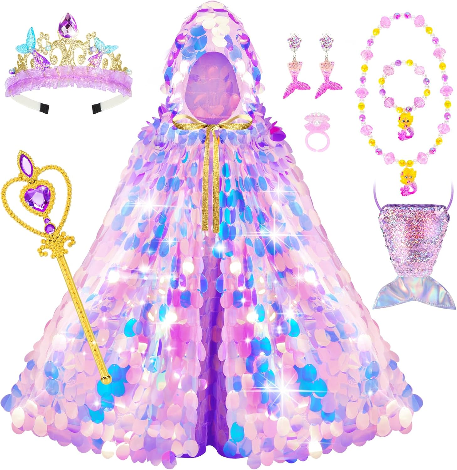 Princess Dress up Toys Princess Dress up Clothes Rainbow Mermaid Cape Kit 9 Pcs Gift Set for Little Girls 3-8 Years Old (Blue)
