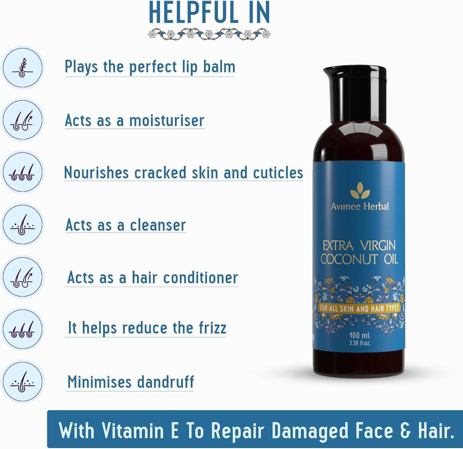 AVIMEE Herbalcold Pressed Extra Virgin Coconut Oil | for Deeply Moisturized Skin & Hair | Enriched with Vitamin E | Mineral Oil Free | 100 Ml image number 5